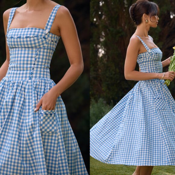 HOUSE OF CB 'Vivien' Regatta Blue Gingham Midi Sundress NWOT - Picture 6 of 10